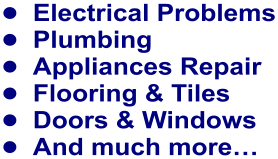 •	Electrical Problems •	Plumbing •	Appliances Repair •	Flooring & Tiles •	Doors & Windows •	And much more…
